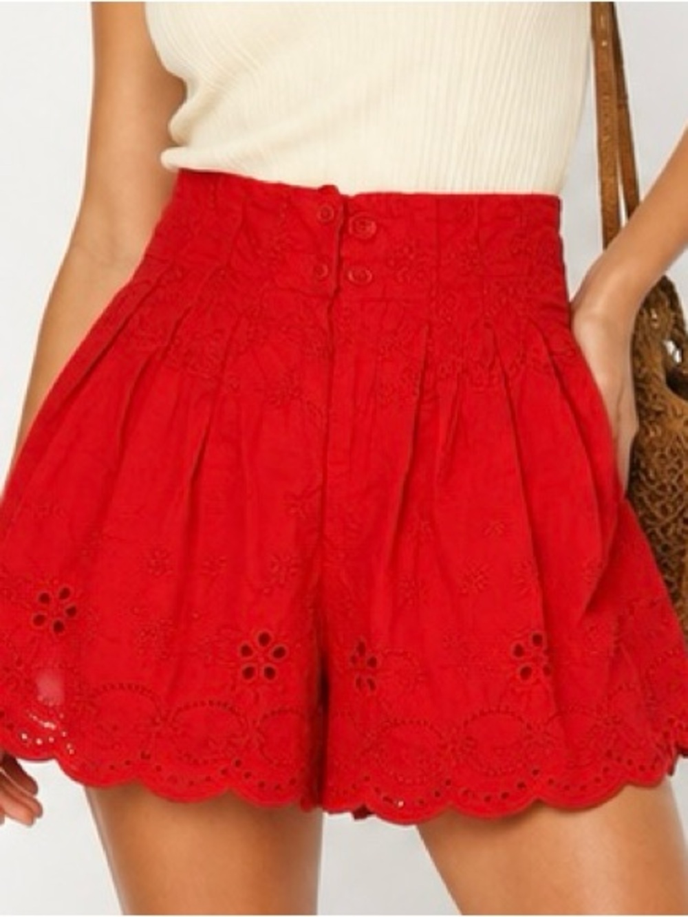 Free People Red Eyelet Embroidered High Rise Shorts Boho Romantic Cottagecore